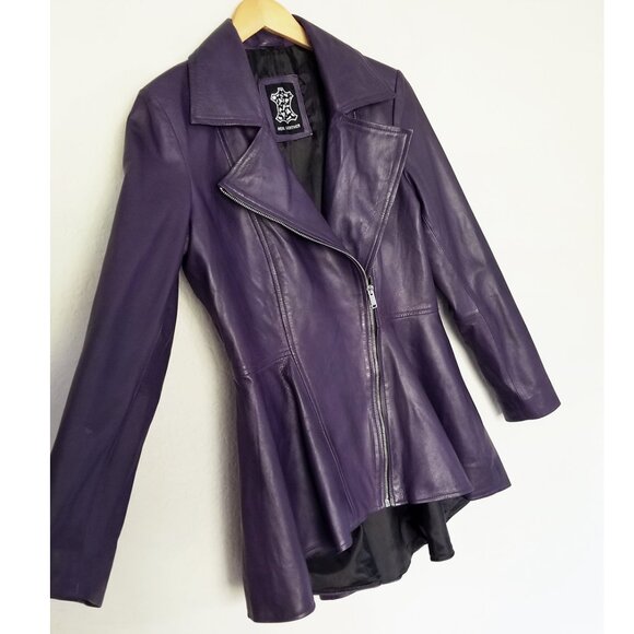 Real 100% Genuine Leather Peplum Long Sleeves Asymmetric Jacket M Purple - Picture 14 of 16